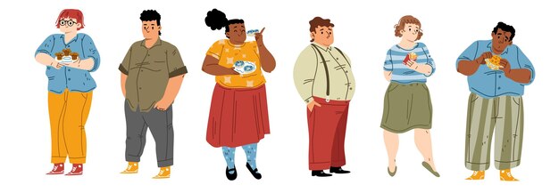 Set of fat people eating fast food on white