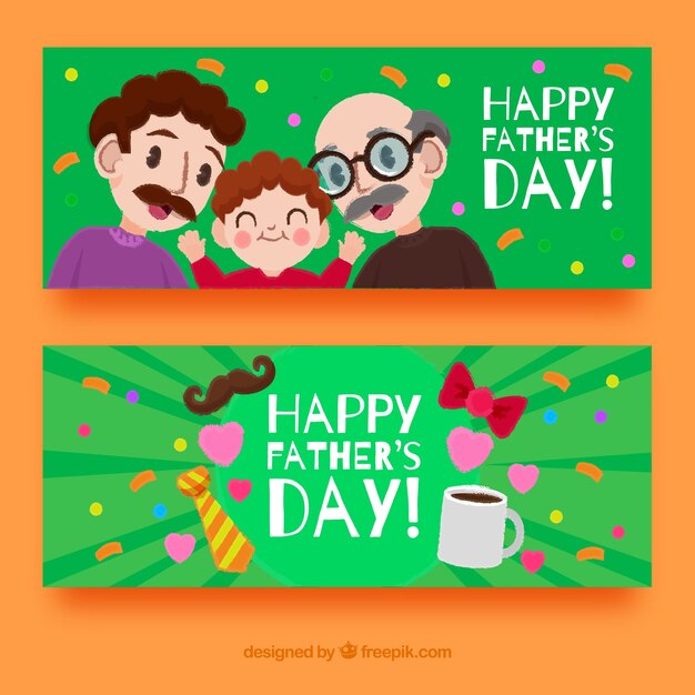 Vettore gratuito set di banner festa del papà con famiglia felice