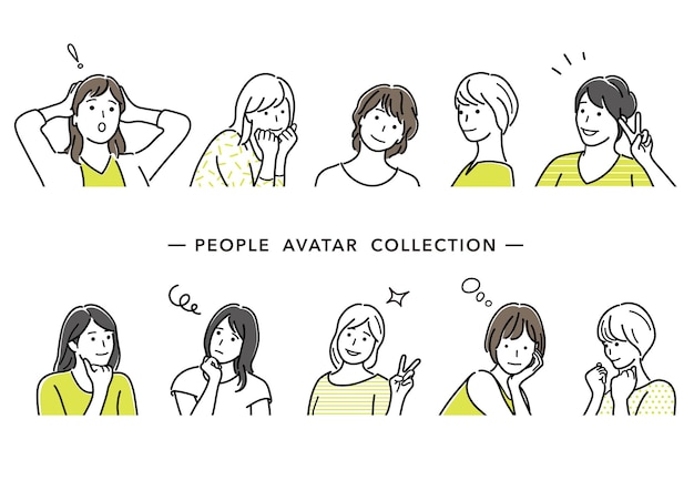 Set of female avatars vector illustration simple line drawings isolated on a white background