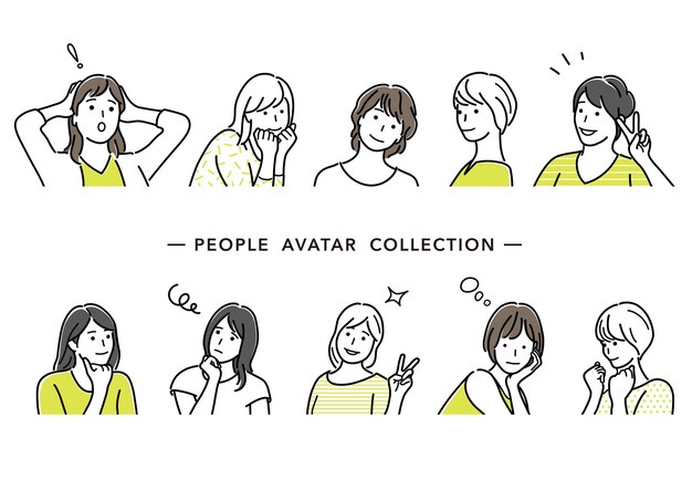 Set Of Female Avatars Vector Illustration Simple Line Drawings Isolated On A White Background