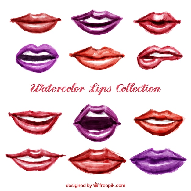 Set of female lips painted in watercolors