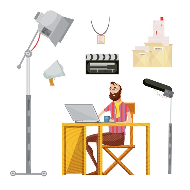 Набор кинорежиссера, включая человека с кружкой возле ноутбука сценарий фильма микрофон освещения изолированных векторные иллюстрации