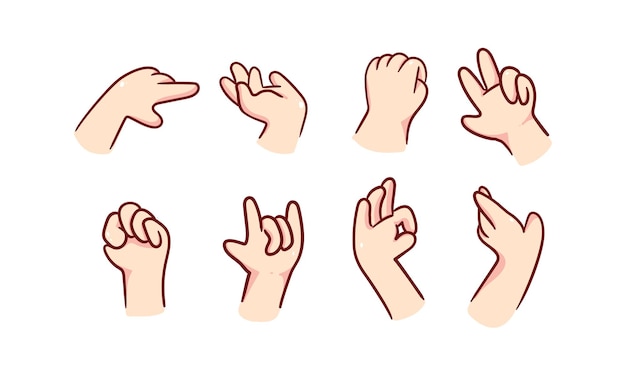 Набор пальцев, указывающих на большой палец руки, знак или символ мультяшного персонажа, каракули, нарисованные вручную иллюстрации