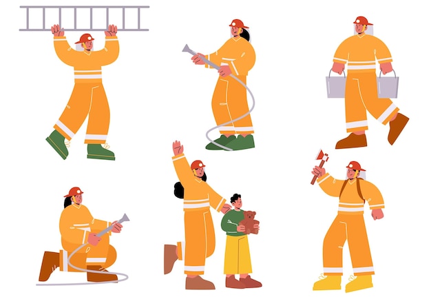 Free vector set of fire fighters male and female characters in uniform holding ladder water hose buckets and axe group of firemen team working fighting with blaze save kid linear people vector illustration