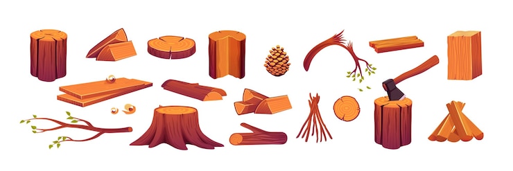 Free Vector set firewood wooden logs slices axe in stump