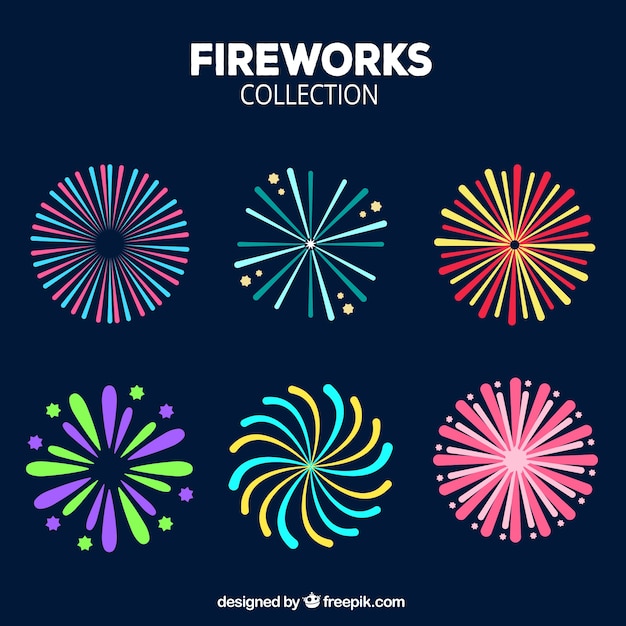 Vettore gratuito set di fuochi d'artificio in design piatto