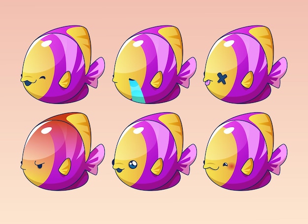 Free vector set of fish emoji characters isolated on background vector cartoon illustration of funny clownfish striped yellow and purple sea animal smiling crying angry happy sad colorful mascot design