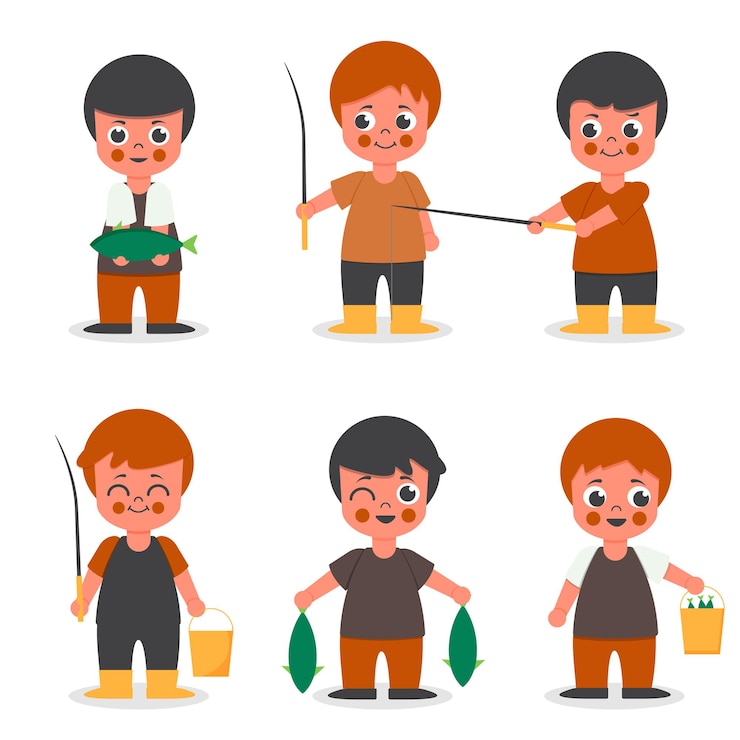 Free Vector set of fisher man in  cartoon character collection  , isolated   illustration