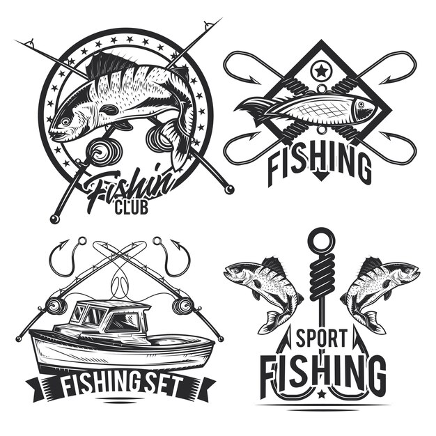 Набор рыболовных эмблем, этикеток, значков, логотипов.