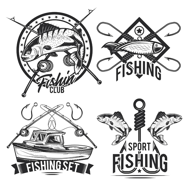 釣りのエンブレム、ラベル、バッジ、ロゴのセット。