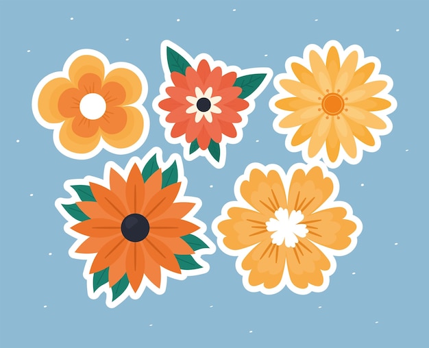 Set of five colored flowers