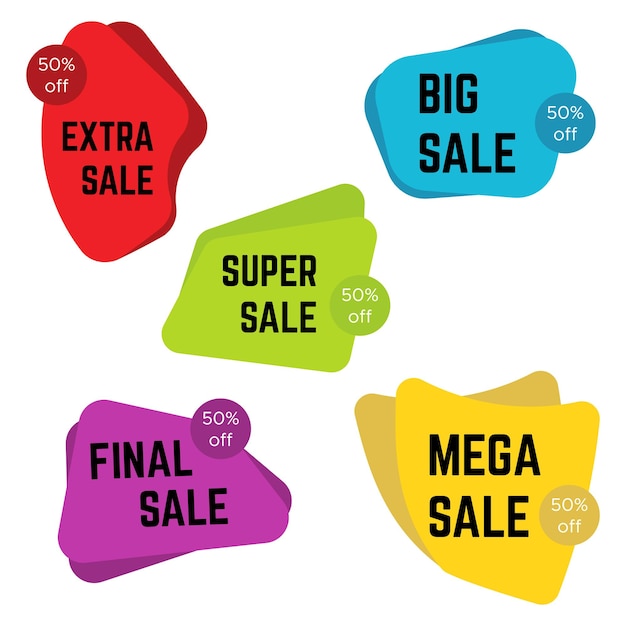 Set of five colorful sale stickers with text. sale label template. vector illustration