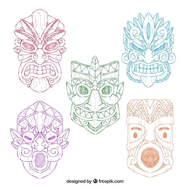 Set di cinque schizzi colorati di tiki maschere