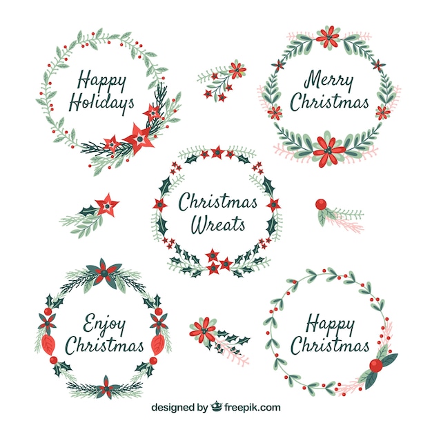 Free vector set of five flat christmas wreaths