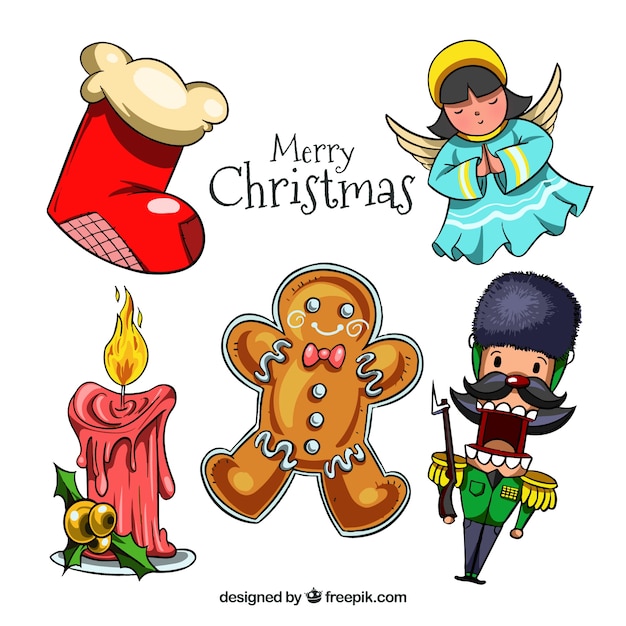 Набор из пяти рисованных декоративных рождественских предметов