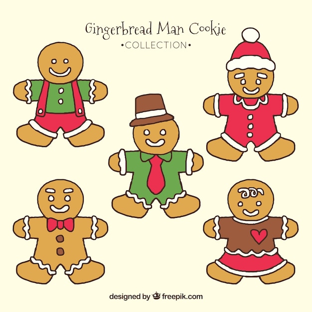 Free vector set of five hand drawn gingerbread man cookies