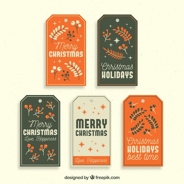 Set of five retro tags of merry christmas