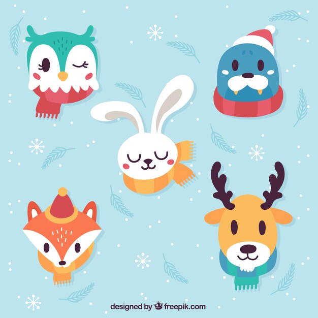 Set of five winter animals with scarves