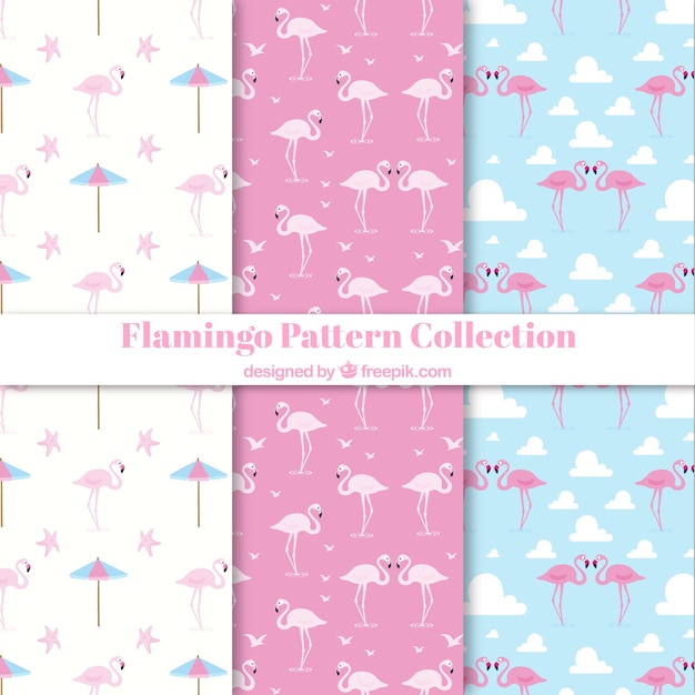 Set of flamingos patterns with beach elements