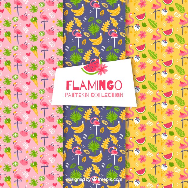 Набор фламинговых узоров с растениями и фруктами