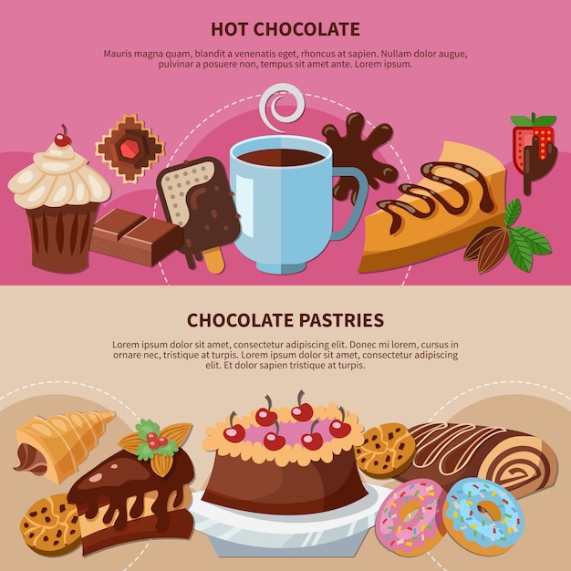 Free vector set of flat banners with hot chocolate and pastries on pink and beige background isolated