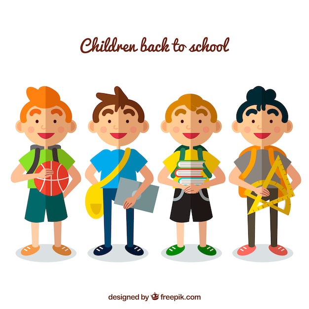 Free vector set of flat boys going to school