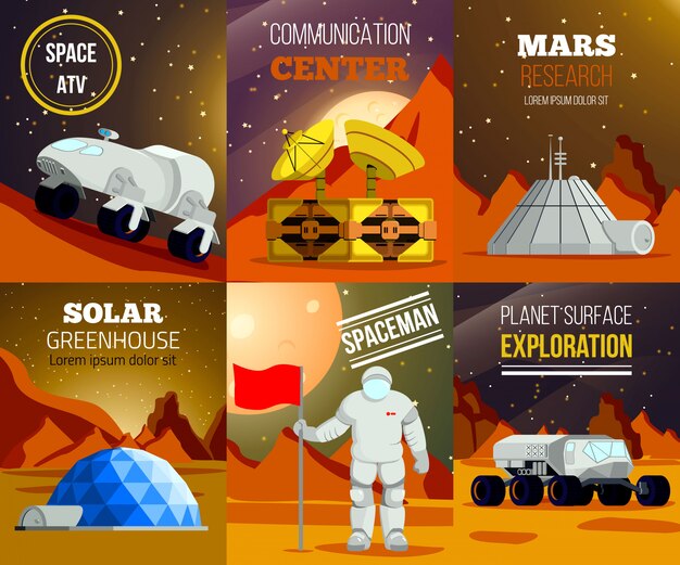 Set of flat cards of planet colonization