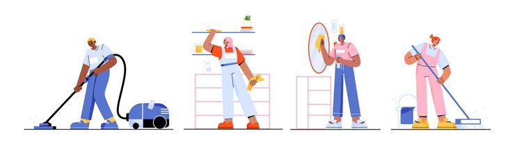 Free Vector set of flat characters cleaning home vector