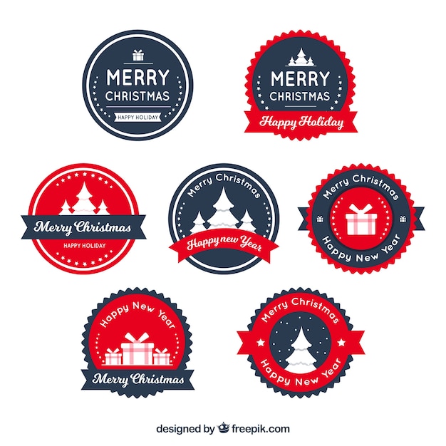 Free vector set of flat christmas badges in dark blue and red