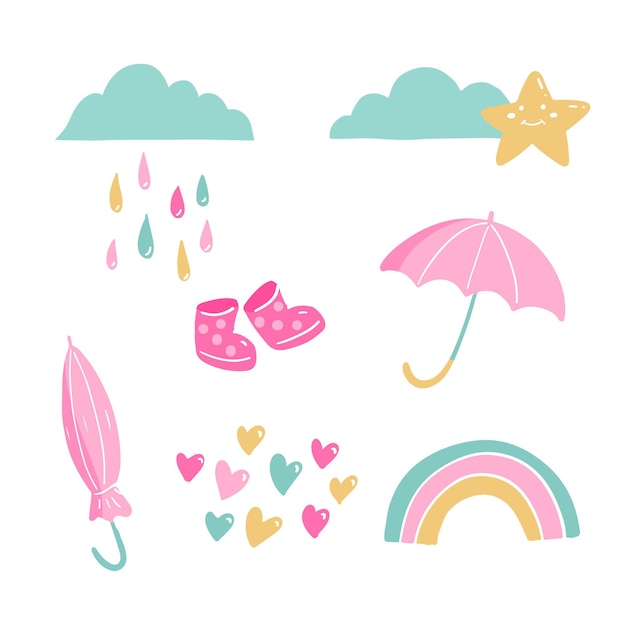 Set of flat chuva de amor decoration elements