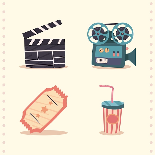 Set of flat cinema industry items