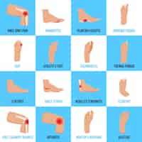 Free vector set of flat icons with foot problems on white blue  isolated