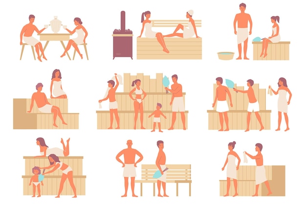 Set of flat isolated bath public sauna compositions with characters of adult people and children bathing illustration