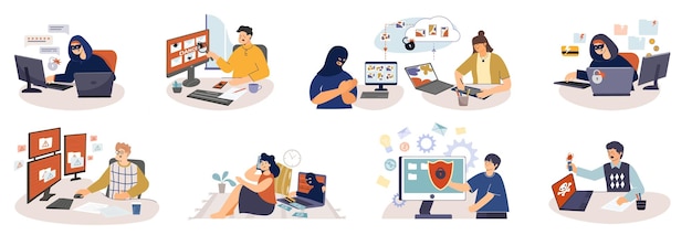 Set of flat isolated computer people danger compositions with characters of cyber thieves and frightened users vector illustration