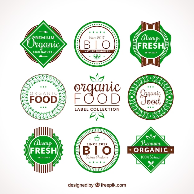 Free vector set of flat organic food labels with brown details