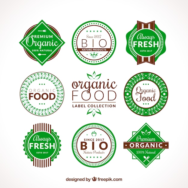 Set of flat organic food labels with brown details