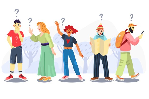 Set of flat people asking questions