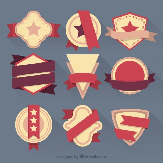 Free vector set of flat vintage badges and ribbons