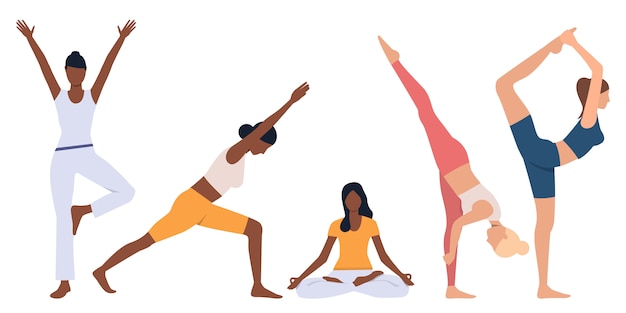 Free vector set of flexible women practicing yoga