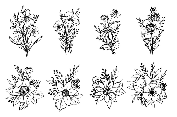 Free Vector set of floral arrangement and bouquet doodle line art