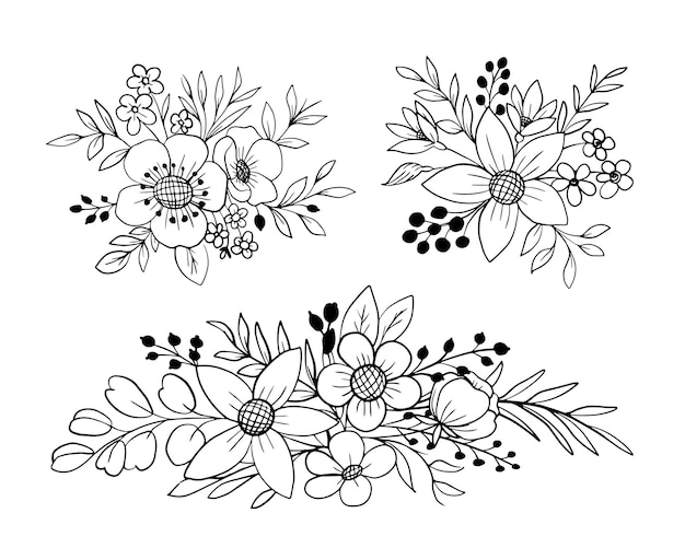 フラワーアレンジメントの花と葉のラインアートコレクションのセット