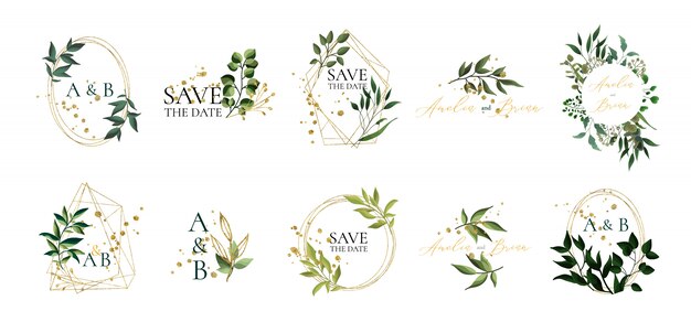 Set of floral wedding logos and monogram with elegant green leaves golden geometric triangular frame for invitation save the date card design. Botanical vector illustration