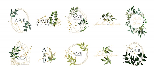 꽃 결혼식 로고와 우아한 녹색 잎 모노 그램 세트 초대에 대 한 황금 기하학적 인 삼각형 프레임 날짜 카드 디자인을 저장합니다. 식물 벡터 일러스트 레이션