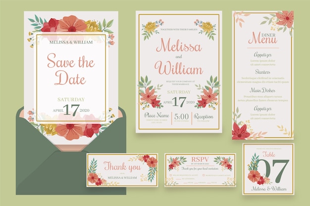 Set of floral wedding stationery