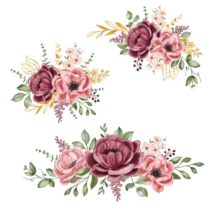 Free Vector set of flower arrangements flower maroon green leaves and gold floral illustration for wedding card