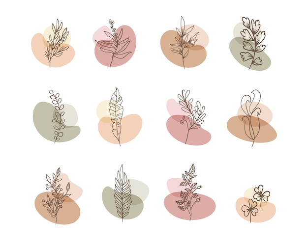 Free vector set of flower boho abstract shape with leaves ornaments