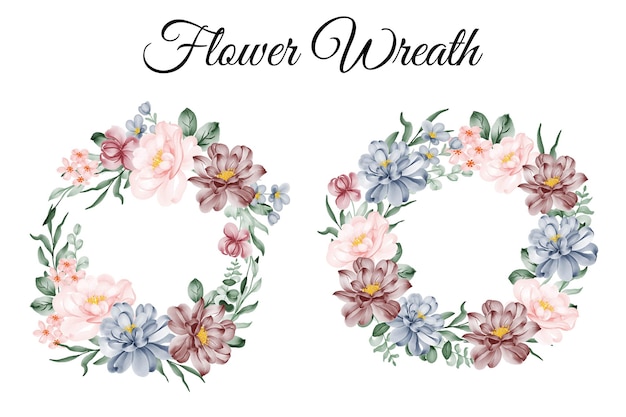 Set of flower wreath pink blue burgundy watercolor illustration