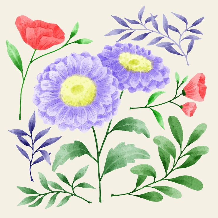 Free Vector a set of flowers painted with watercolors to accompany various cards and greeting cards