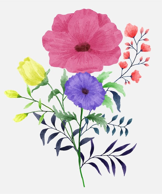 A set of flowers painted with watercolors to accompany various cards and greeting cards.