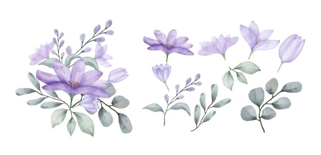 A set of flowers painted with watercolors